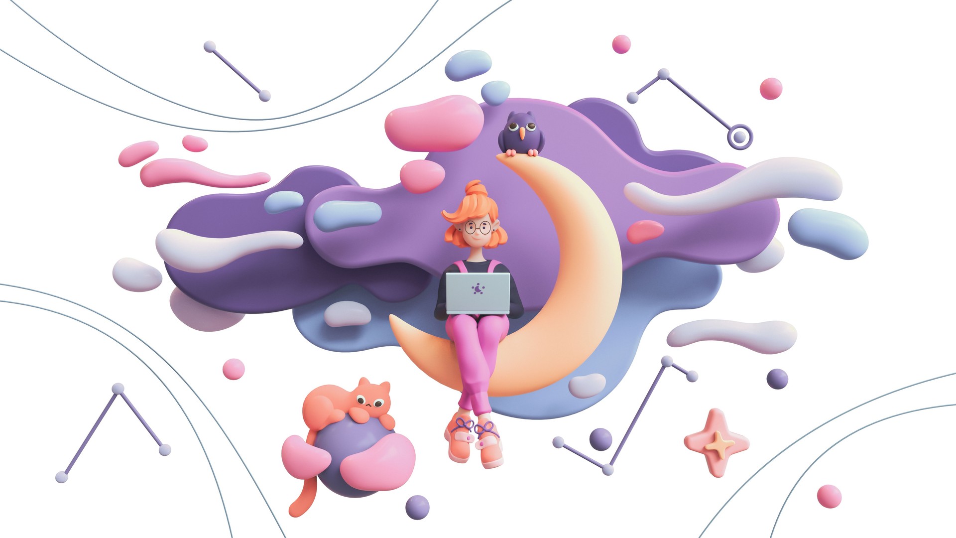 3d render red-haired happy romantic female writer in glasses, pink overalls uses laptop for work sits on yellow moon in space, floating blue purple clouds stars, cat, owl isolated on white backdrop.